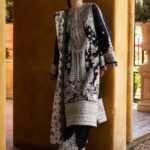 Hussain Rehar 3pcs Lawn Embroidered With Chiffon Printed Dupatta - Black