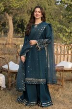 Qalamkar 3pcs Lawn Embroidered With Organza Emb Dupatta - 3090 - Image 2