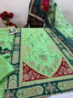 Ethnic – 3pcs Silk Kaftan With Printed Silk Dupatta – Pista - Image 4