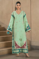 Ethnic – 3pcs Silk Kaftan With Printed Silk Dupatta – Pista